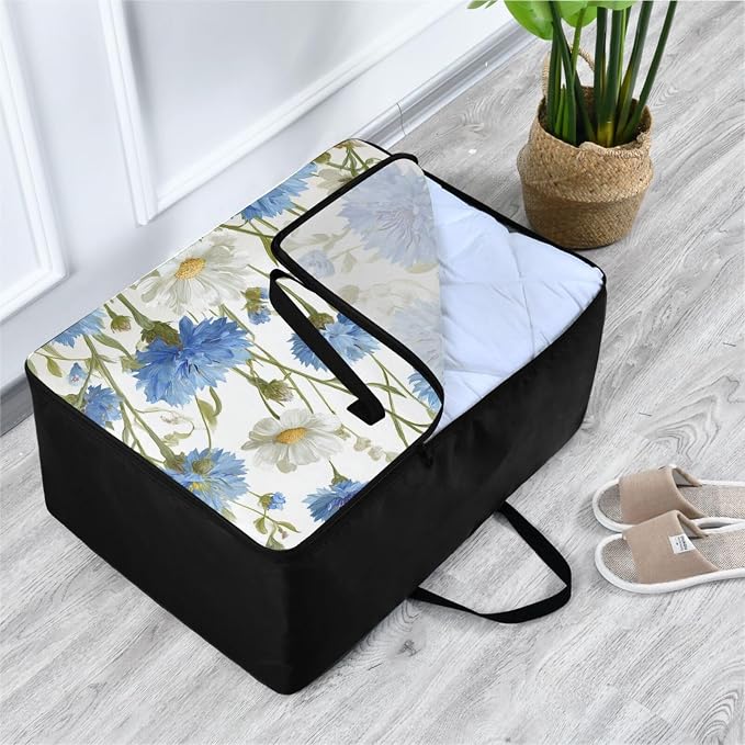 Comforter Storage Bags Large Folding Blanket Organizer Bag with Strong Handles Clear Window Closet Storage Containers for Clothes King Queen Pillows Bedding Quilt Duvet Blue Cornflowers Butterf
