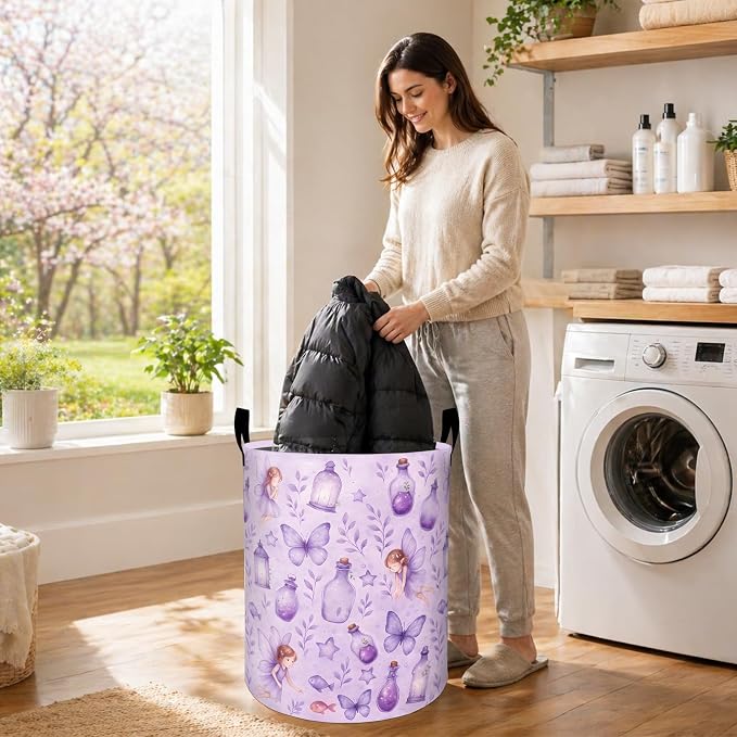 Fairy Laundry Basket, Cute Angel and Purple Butterfly Oxford Cloth Dirty Clothes Collapsible Hamper for Room Decor, Fantasy Gifts, Toy Organizer 19.7 x 15.7 Inches for Bedroom Bathroom Dorm