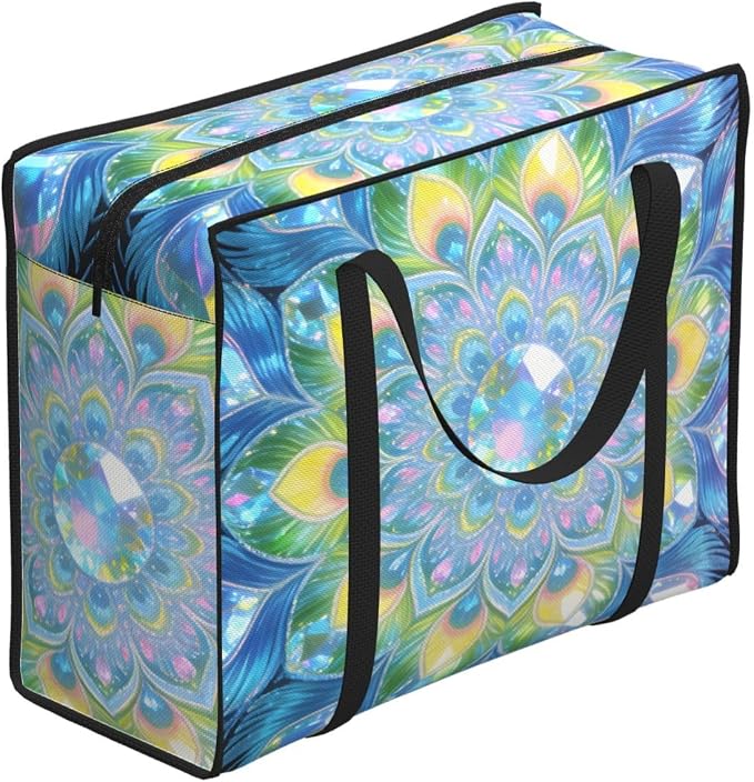 48.7L Sturdy Moving Bags Peacock Feather Mandala Boho Print, Collapsible Oxford Fabric Storage Organizer Bags with Comfortable Handles for Travel