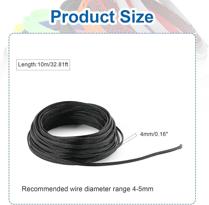 Heyiarbeit 10m/32.8ft PET Expandable Braid Cable Sleeving Flexible Wire Mesh Sleeve Black 4mm