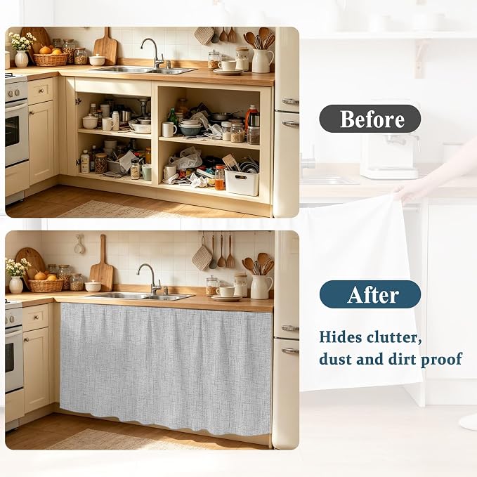 Cabinet Curtains 35x35inch Sink Skirt, Modern Minimalist Gray Desk Skirt for Kitchen Bathroom Shelves, Country Linen Style Privacy Cabinet Curtain Self Stick Adhesive Under Sink Skirts