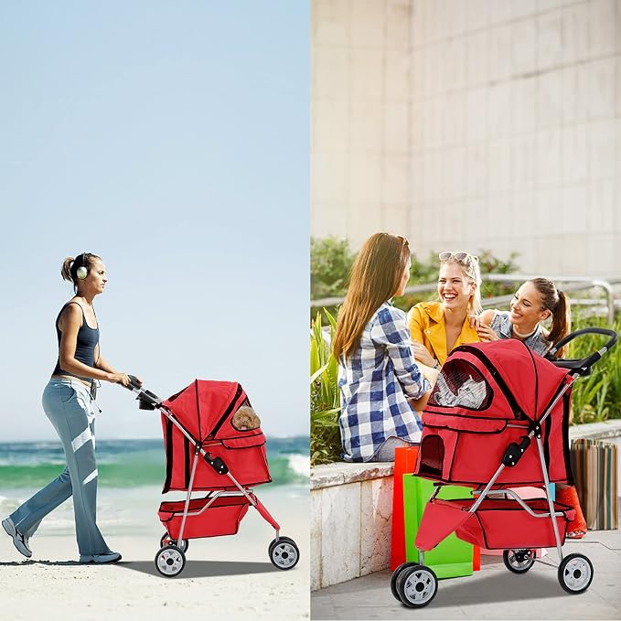 Best 3 Wheels Pet Stroller for Dog Stroller Cat Stroller, Lightweight and Foldable Pet Jogger Stroller, Carrier Strolling Cart W/Cup Holders Removable Liner for Small and Medium Dog Cat or Pet - Red