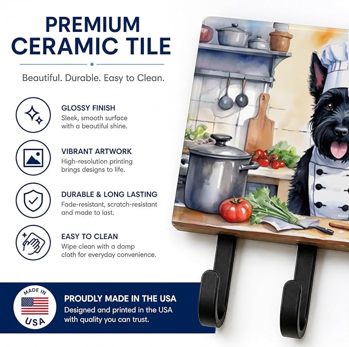 Caroline's Treasures Scottish Terrier The Chef Leash or Key Holder Wall Hooks, Key Hooks Holder, Coat Rack Wall Mount, Coat Hooks, Hooks for Hanging Keys, Towels, Aprons, Leashes | Scottish Terrier The Chef artwork on ceramic tile with three steel hook...