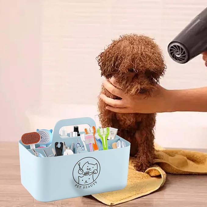 5-Compartment Blue Dog Stuff Storage Caddy, Portable Pet Grooming Organizer with Handle, 9.8" L x 6.1" W x 4.4" H