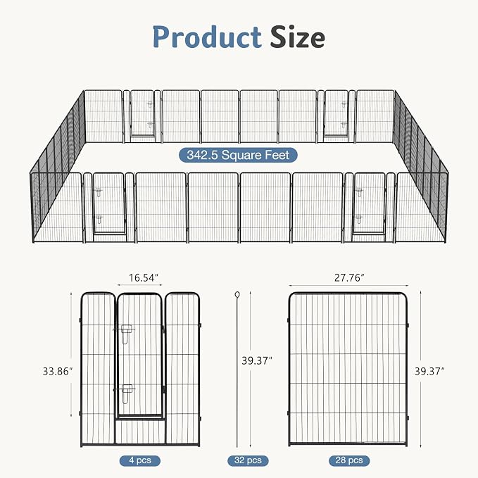 DUMOS Dog Playpen 40 Inch 32 Panels Indoor Outdoor Metal Pet Fence | Foldable Dog Play Pen with Door, Portable Exercise, RV Camping, Puppy Small Medium Large Dogs