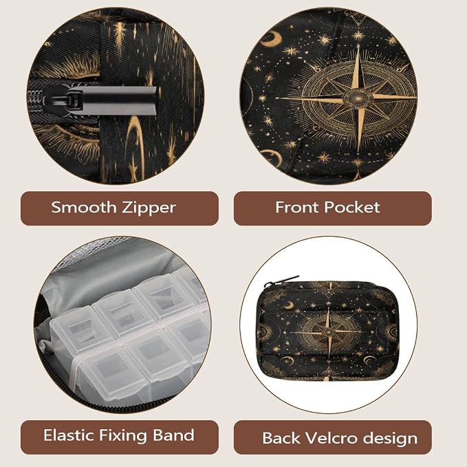 Travel Pill Organizer Black Gold Starry Compass Small Pill Case