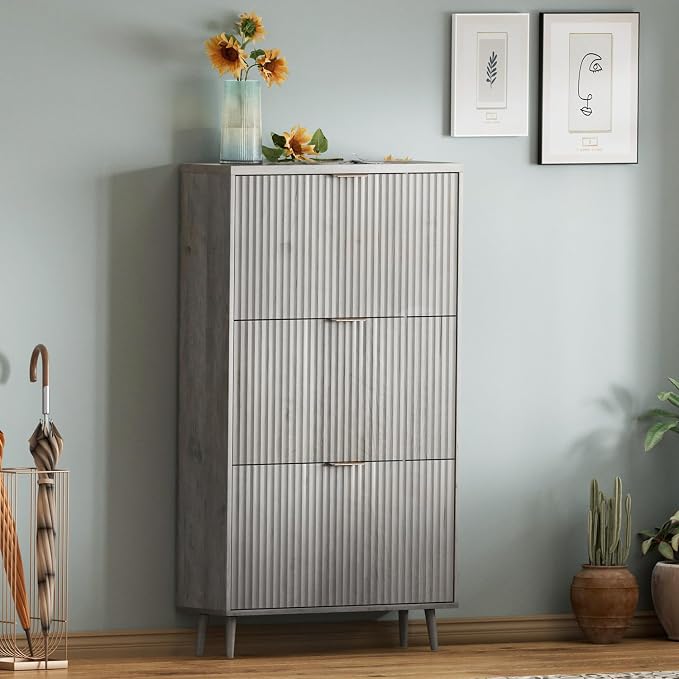 Shoe Cabinet Storage,Modern Freestanding Organizer with 3 Flip Drawers,Narrow Shoe Rack Cabinet for Entryway,Grey