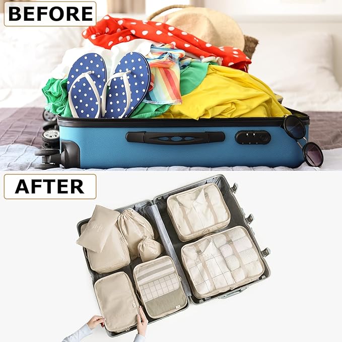 LANSKLBD 6/8 Set Packing Cubes for Suitcases Travel Luggage Packing Organizers,Travel Accessories Essentials Luggage Organizer with Shoe/Tioletry/Laundry Bag (Beige, 8 set)