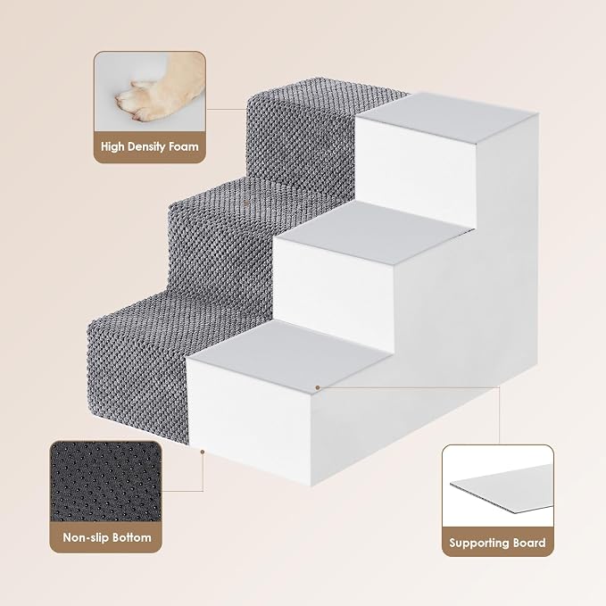 EHEYCIGA Dog Stairs for Small Dogs 13.5" H, 3-Step Dog Steps for Cats, Grey | Pet Steps for Couch Sofa and Chair, Non-Slip Balanced Pet Ramp Indoor