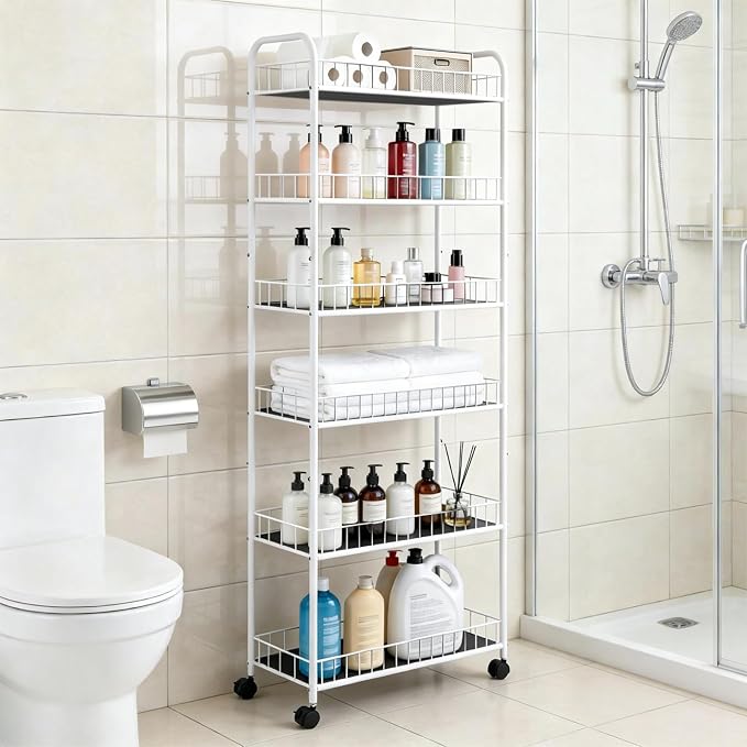 10in 6 Tier Slim Storage Cart with Wheels,White Narrow Space Rolling Shelving Unit, Metal Wire Mobile Organizer Rack for Kitchen Bathroom Office Laundry