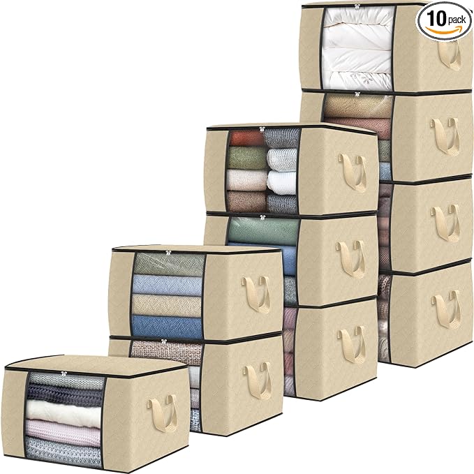 10 Pack Storage Bags for Clothes Blanket Storage Bins with Lids | Foldable Closet Organizers with Zippers,Window and Handles,Fabric Storage Bins for Sweater,Comforter,Bedding,Dorm essentials