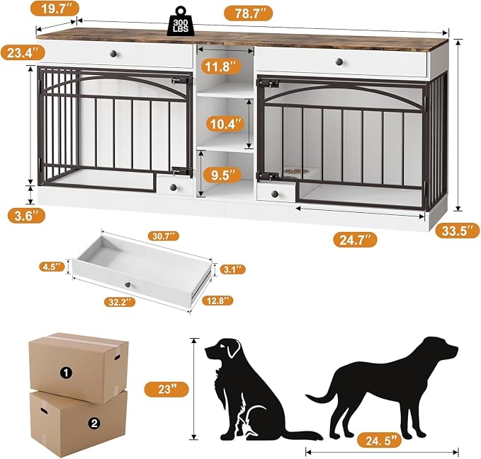 Dog Crate Furniture for 2 Dogs, Double Dog Crate TV Stand, White | 78.7'' Large Dog Kennel Indoor, 2 Storage Drawers, 3 Shelves and Feeding Bowls, Pet Kennel for Small and Medium Dogs