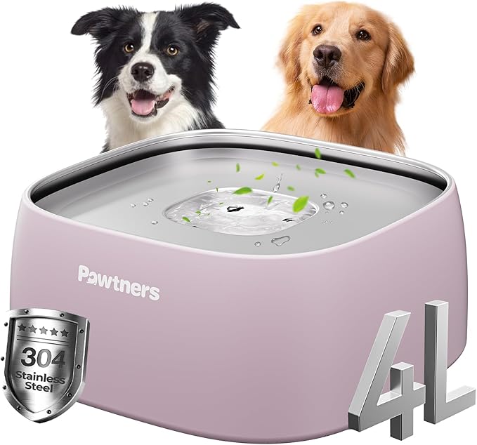 Upgrade No Spill Water Bowl for Dogs, 135oz/4L All Stainless Steel Dog Water Bowl with Non-Slip Base, Spill Proof for Medium Large Messy Drinkers, Anti Splash, Slow Drinking, Slobber Stopper, Pink