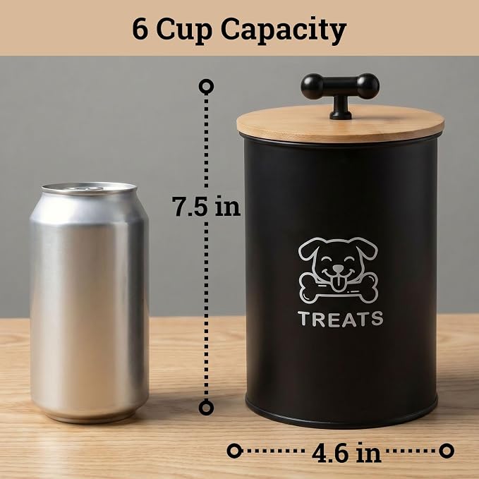 Dog Treat Container Airtight, 4.6"W x 6"H, Powder Coated, 6 Cup Capacity | Fits All Popular Treats, 6 Cup Capacity, Airtight Bamboo Lid, Easy Open Lid, Dent-Resistant Durable Metal Bone-Shaped Handle