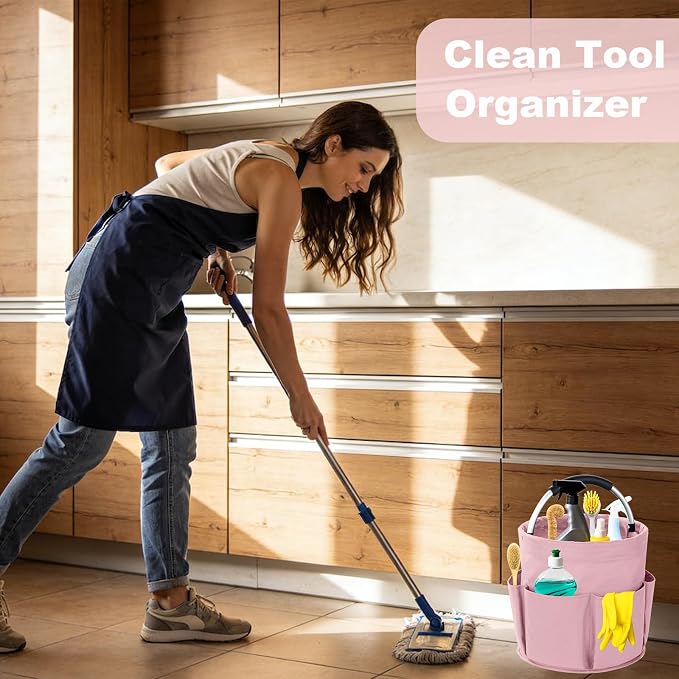 Cleaning Caddy with Handle, 17L Foldable Cleaning Supplies Organizer, Portable Storage Basket, Cleaning Supply Caddy, Multifunctional Cleaning Bucket Bag for Garden, Home, Kitchen (Pink)