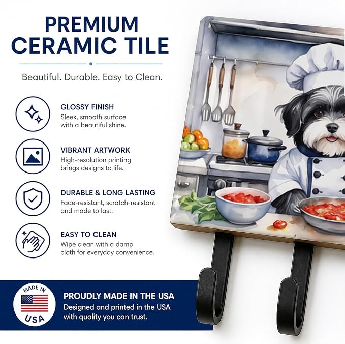 Caroline's Treasures Havanese The Chef Leash or Key Holder Wall Hooks, Key Hooks Holder, Coat Rack Wall Mount, Coat Hooks, Hooks for Hanging Keys, Towels, Aprons, Leashes | Havanese The Chef artwork on ceramic tile with three steel hooks for keys, leas...