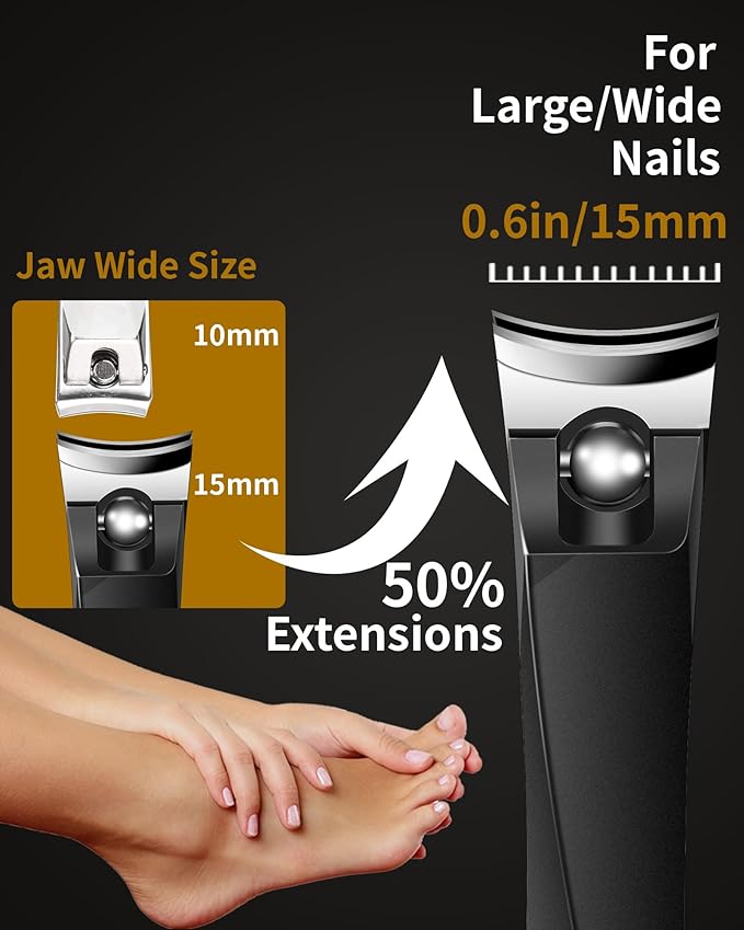 EBEWANLI Large Nail Clippers, 15mm Ultra Wide Toenail Clippers for Thick Toenails, Stainless Steel Fingernail Clipper Built in Nail File, Curved Blade Toe Nail Cutter Trimmer for Men or Women
