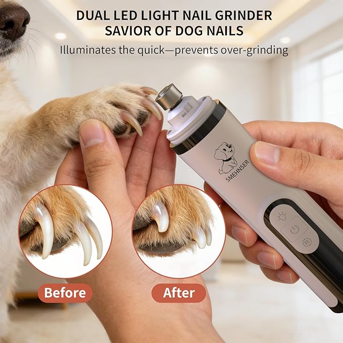 YFL Dog Nail Grinder, Ultra Quiet 3-Speeds Pet Nail Trimmer with LED Lights, Low Vibration Electric Nail Clippers for Dogs & Cats, Painless Paws Grooming & Smoothing for Small Medium Large Pets