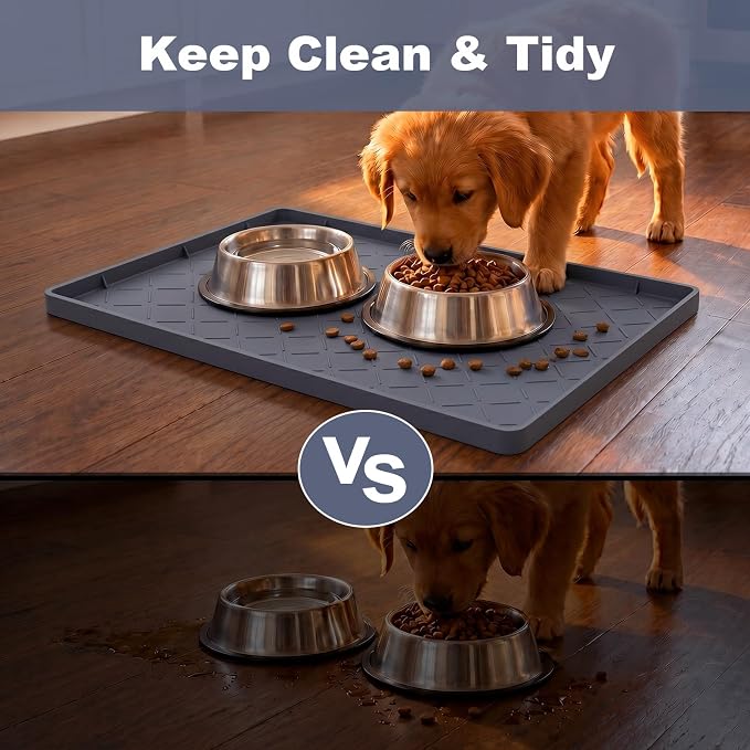 Extra Thick Dog Food Mat Waterproof with Raised Edge 19" x 12" | Silicone Multipurpose Mat, Under Sink Cabinet Protector for Kitchen, Bathroom, Shelf, Pet Feeding, Boot & Plant Trays