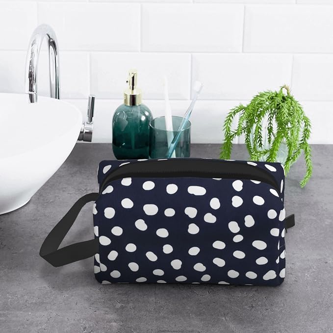Navy Blue Polka Dot Makeup Bag - Durable 600D Oxford Fabric Travel Cosmetic Bag, Shockproof Foam Padded Toiletry Organizer for Gym & Daily Use 10x6.2x4.9 Inch