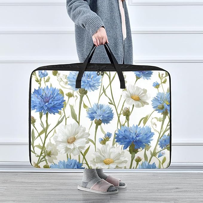 Comforter Storage Bags Large Folding Blanket Organizer Bag with Strong Handles Clear Window Closet Storage Containers for Clothes King Queen Pillows Bedding Quilt Duvet Blue Cornflowers Butterf