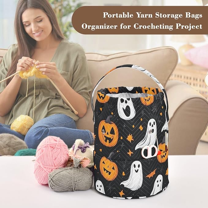 Tatenale Crochet Bag Yarn Bag Knitting Project Bag with Pockets and Handle Portable Yarn Storage Organizer Tangle Free 8.3x11 InchGothic Halloween Ghost Pumpkin and Spider Web04