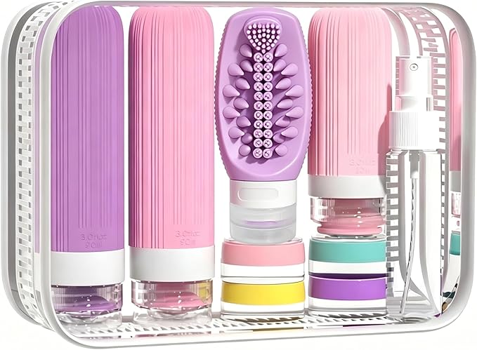 Vitog 16 Pack Travel Bottles with Soft Brush, TSA Approved Silicone Travel Containers for Toiletries, Squeezable Leak Proof Refillable Travel Accessories for Conditioner, Shampoo, Lotion & Body Wash