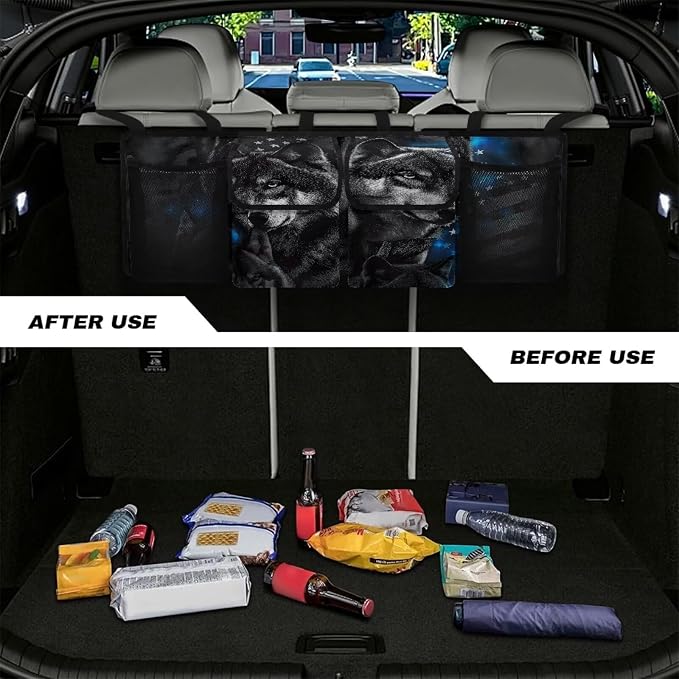 Wolf Theme Car Trunk Organizer for Women Men Car Back Seat Hanging Storage Bag Collapsible Auto Cargo Bag with 4 Large Pockets Auto Interior Accessories