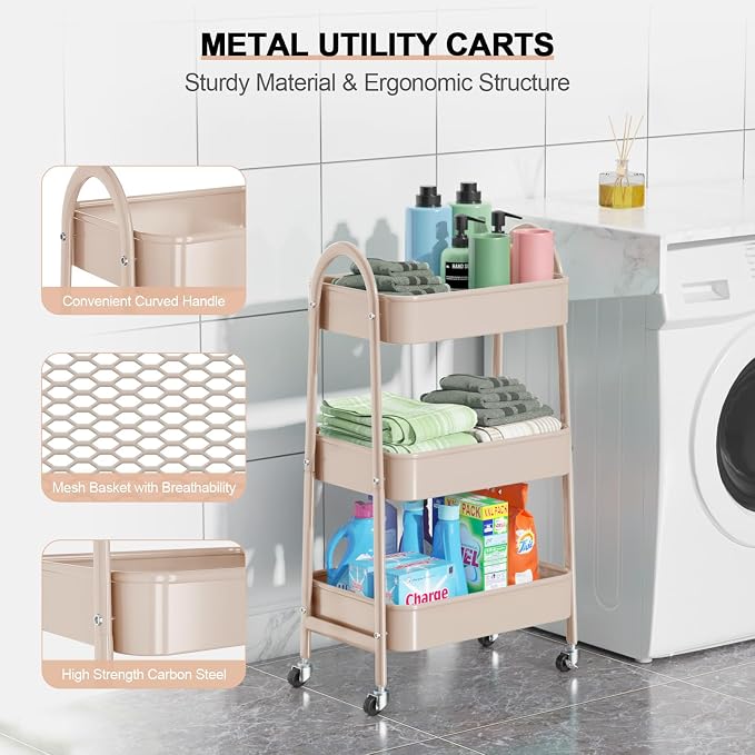 3 Tier Utility Rolling Cart, Metal Storage Cart with Handle and Lockable Wheels, Multifunctional Storage Organizer Trolley with Mesh Baskets for Kitchen, Living Room, Office, Garage (Beige)