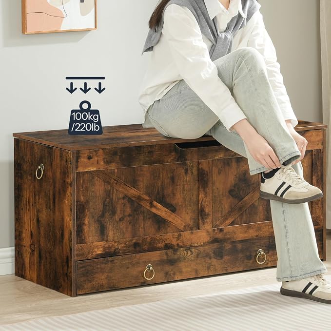 HOOBRO Storage Chest, 43.3" Toy Chest with Drawer, Wooden Storage Bench, Sturdy Entryway Bench Supports 220 lb, Shoe Bench, Safety Hinge, U-Shaped Opening, Easy Assembly, Rustic Brown FG711CW01G2