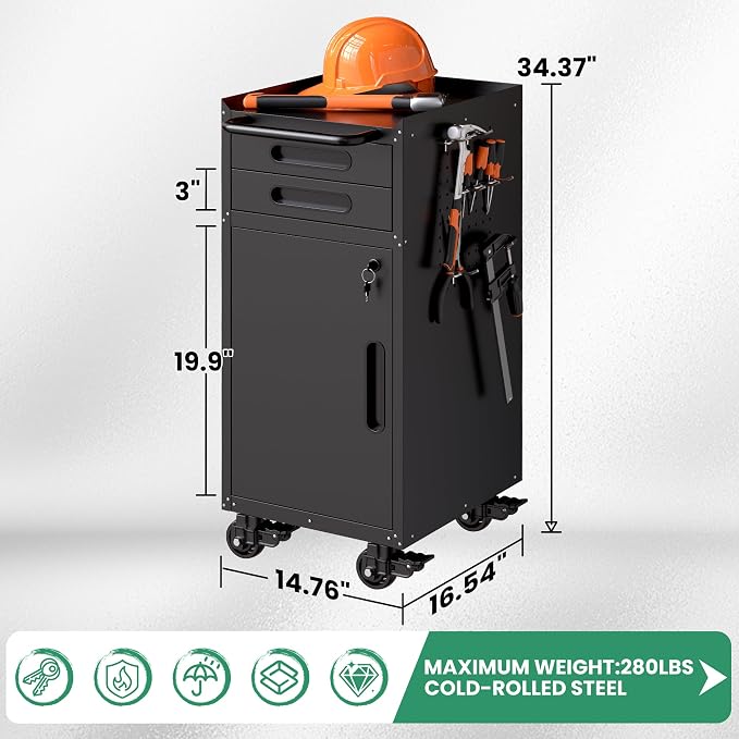 Garage Storage Cabinet,Metal Rolling Tool Cabinet with 2 Pegboard and 10 Hook,Heavy Duty Mechanics Tool Chest Storage for Workshop, Basement,Warehouse,Include Workbench Liner,Black