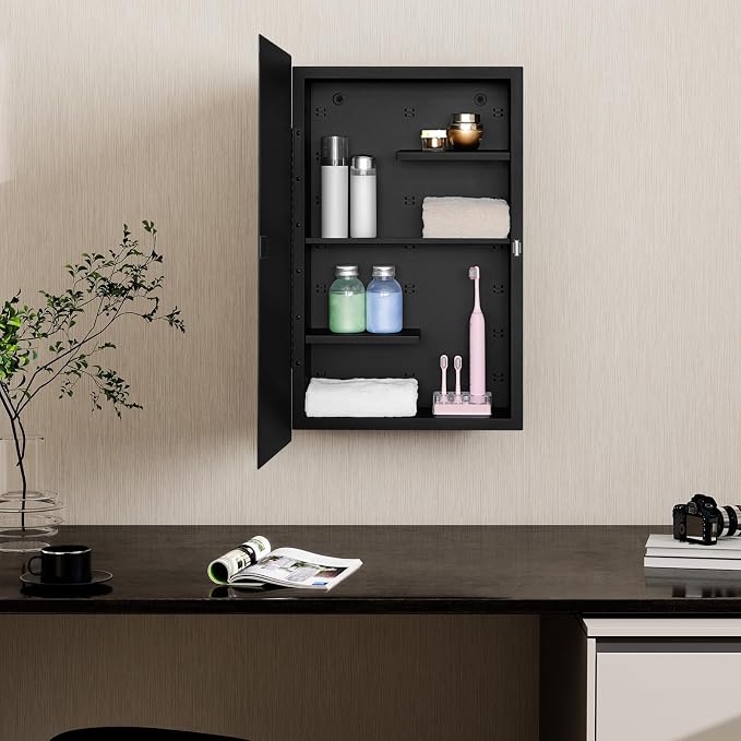 Black 16 x 26 Recessed Metal Medicine Cabinet With Mirror for Bathroom Wall | Black Bathroom Medicine Cabinet with Adjustable Staggered Shelves, Piano Hinge, Left/Right Swing & Matte Powder-Coated Finish