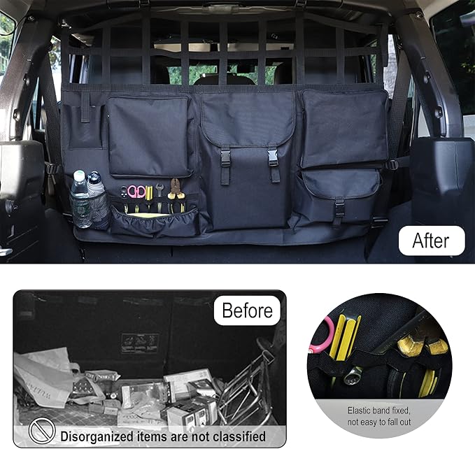 JeCar for Wrangler Rear Seat Divider Pet Net Dog Barrier Trunk Cargo Organizer Storage Accessories for 2007-2024 Jeep Wrangler JK JL (4-Door Only)