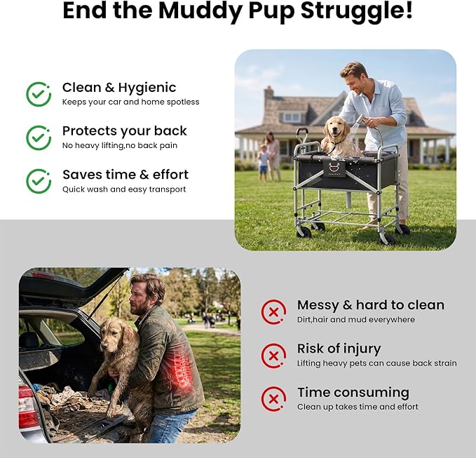 Foldable Dog Bath Cart for Dirty Outdoor Dogs,Adjustable Height pet Bath Cart for Small and Medium Dogs(5-55 lbs) and Cats,Four-Wheel Bathing Cart with Brake,No Need to Carry Your Muddy Pup Home