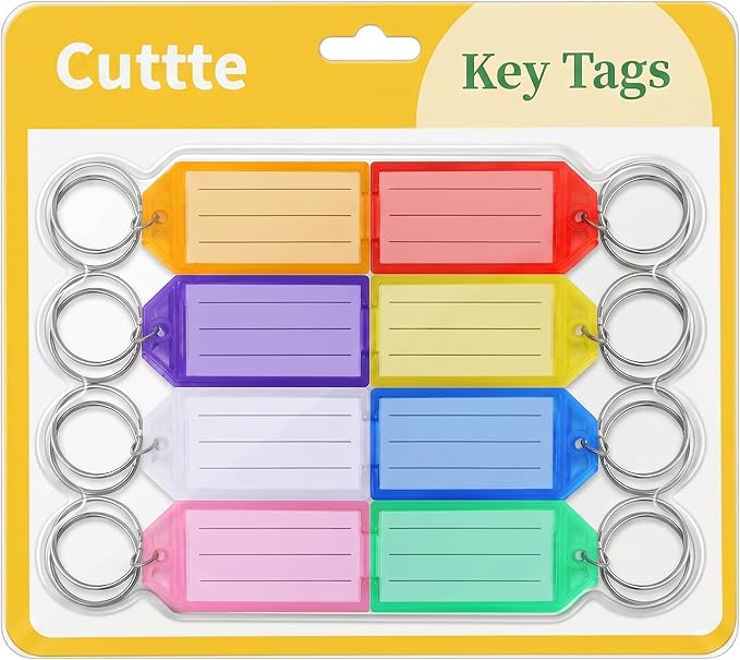 Cuttte 16 Pack Plastic Key Tags with Ring and Label Window 8 Colors | Key Chain Labels for Organizing Flash Drives, Suitcases, Backpacks, Luggage, Lunchboxes