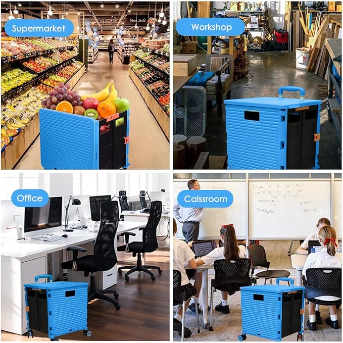 Foldable Utility Cart Portable Collapsible Crate Rolling Carts with Wheels Rolling Tote Basket Teacher Cart with Lid Wear-Resistant 360°Rotate Wheel Noiseless for Shopping Storage Office Use