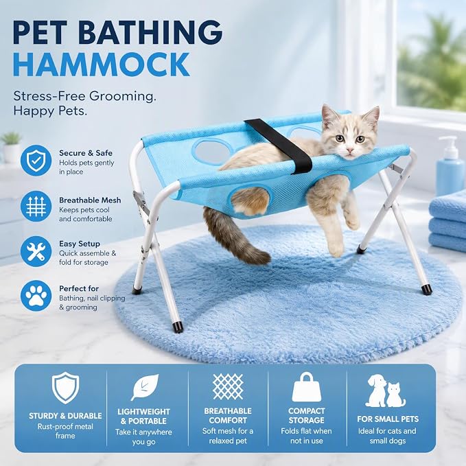 Yoidesu Pet Grooming Hammock for Small Cats & Dogs, Nail Trimming Sling | Breathable mesh, anti-scratch, quick assembly, portable storage, ideal for bathing & ear cleaning, home travel use