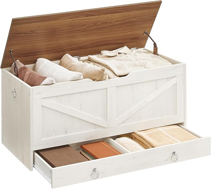 HOOBRO Storage Chest, 39.3" Toy Chest with Drawer, Wooden Storage Bench, Sturdy Entryway Bench Supports 220 lb, Safety Hinge, U-Shaped Opening, Easy Assembly, Cloud White and Walnut IH710CW01G2