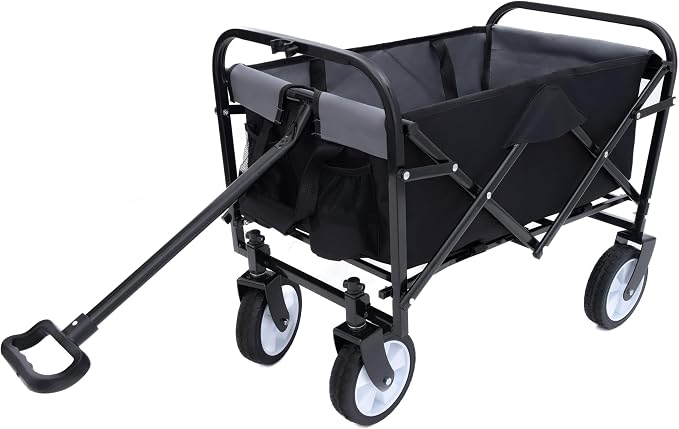 Collapsible Folding Outdoor Utility Wagon, Strap Collapsible Foldable Wagon Cart with Strapping System, Supports 225lbs (Black)