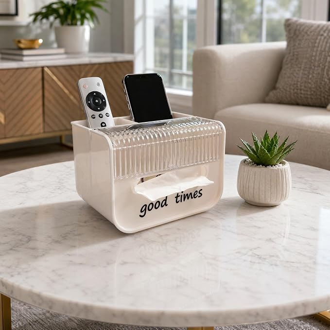 Tissue Box Cover with Storage Tray, Decorative Remote Organizer for Nightstand Bedroom Office Desk