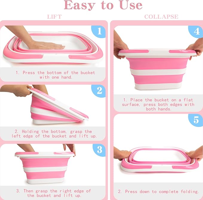 Large Collapsible Bucket for Cleaning, 4.2 Gallon (16L) Silicone Bucket with Handle & Hanging Hole, Foldable Space-Saving Mop Bucket for Home, Storage. Car Wash, Camping, Beach (Pink White)