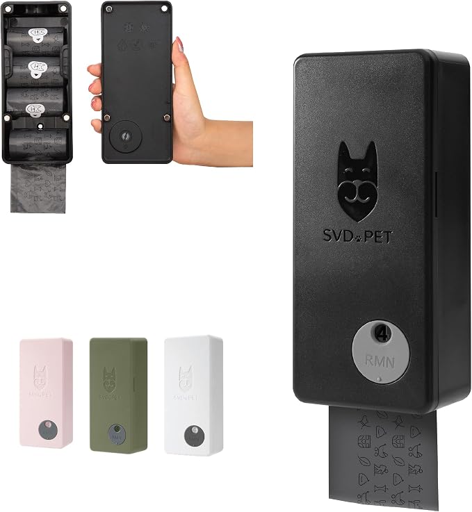 SVD.PET Dog Poop Bag Dispenser with 60 Bags (Black, Dispenser + Bags) | Wall mount or Place on Table, Holds 4 Rolls, Indoor or Outdoor Use