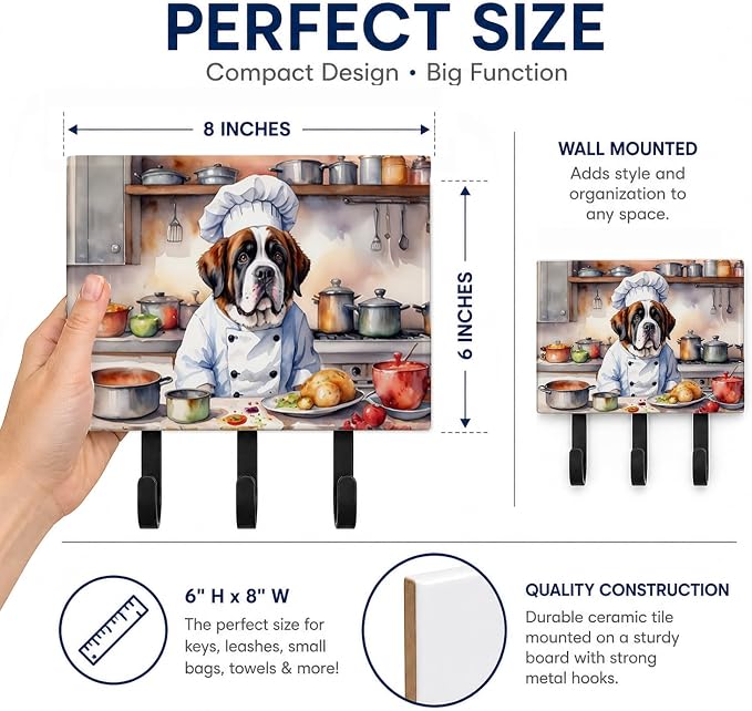 Caroline's Treasures Saint Bernard The Chef Leash or Key Holder Wall Hooks, Key Hooks Holder, Coat Rack Wall Mount, Coat Hooks, Hooks for Hanging Keys, Towels, Aprons, Leashes | Saint Bernard The Chef artwork on ceramic tile with three steel hooks for ...