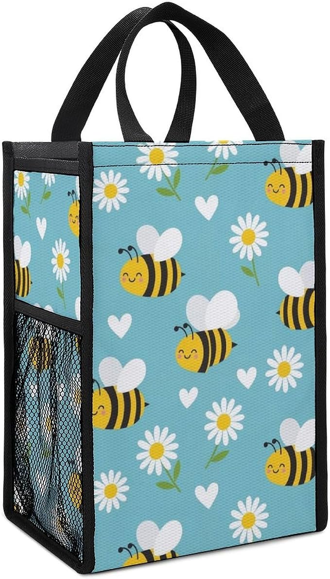 Reusable Thermal Lunch Tote Bag Compatible with Yellow Bee Cute Flower Daisy Sky Blue Lunch Box, Portable Insulated Picnic Cooler Bags Food Container Organizer