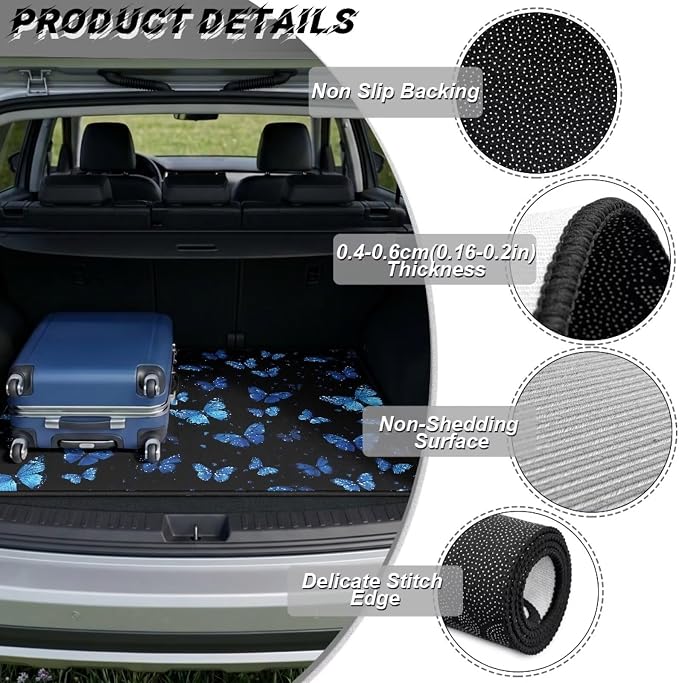 Butterfly Print Universal Car Trunk Mat 29" x 39", All Weather Non Slip Cargo Liner for SUV Truck, Washable Durable Pet Friendly Dark Blue Rear Cargo Protection