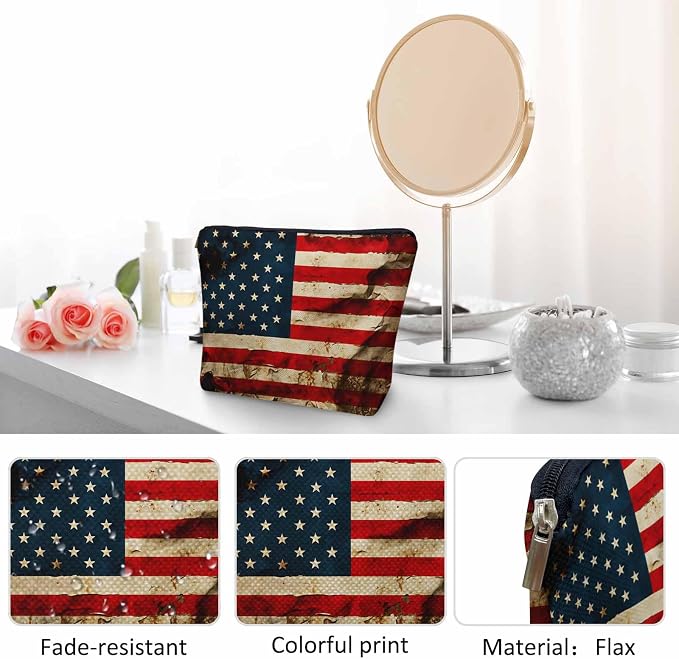 Women Makeup Organizer Bag American Flag Grunge USA Flag United Stats Of America Flax Cosmetic Bag Makeup Bags Toiletry Bag Accessories Organizer Travel Bags For Home Bathroom Office