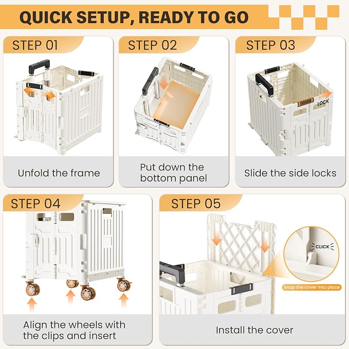 SUNALLY Folding Utility Cart Rolling Crate Handcart Shopping Trolley, White | Lockable Collapsible Tool Box with Lid, Rolling Crate With Wheels for Grocery, Travel, Garden, Shop, Office, Luggage, Teacher