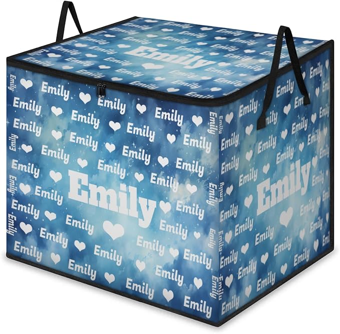 Personalized Name Large Storage Basket with Lid, Watercolor Blue Starry Night with Love Heart Canvas Storage Bins Quilt Clothes Organizer for Bedroom, Kitchen, Bathroom, Nursery, Shelves, Closets