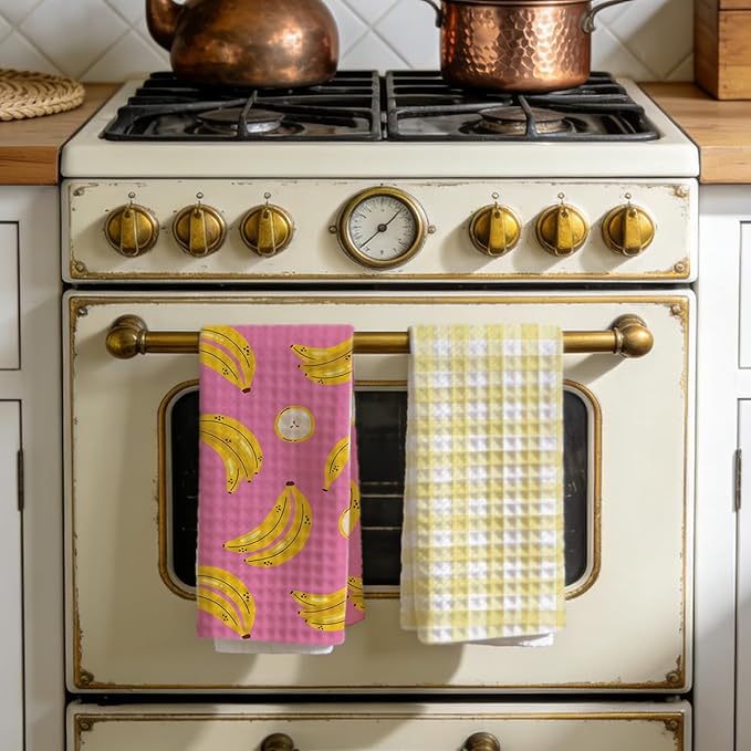 Banana and Yellow Checkered Kitchen Towels, Quick Dry Multipurpose Waffle Weave Hand Towels for Bathroom, Absorbent Reusable Cloth Tea Dish Towels for Home Decor, Banana Lover Gift Towel Set of 2
