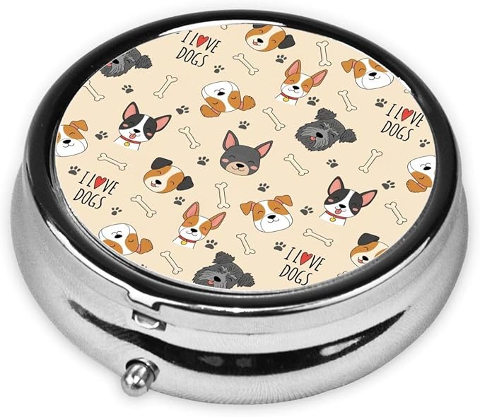 Compact Pill Case, Metal Round Holder for Supplements, Purse Pocket Organizer Travel Essential, Cute Doodle Pets Dog Light Yellow